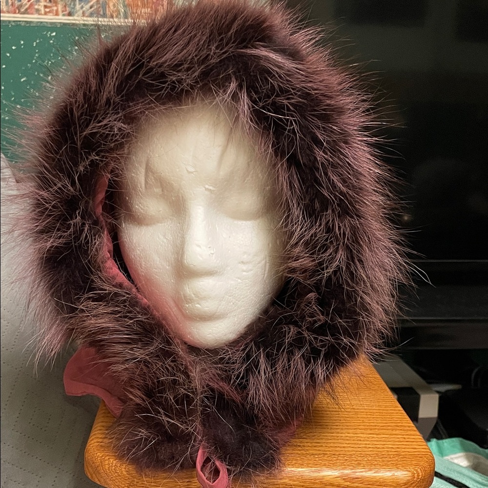 Vintage genuine fox Fur trimmed Pink nylon hood with toggle tie fasteners
